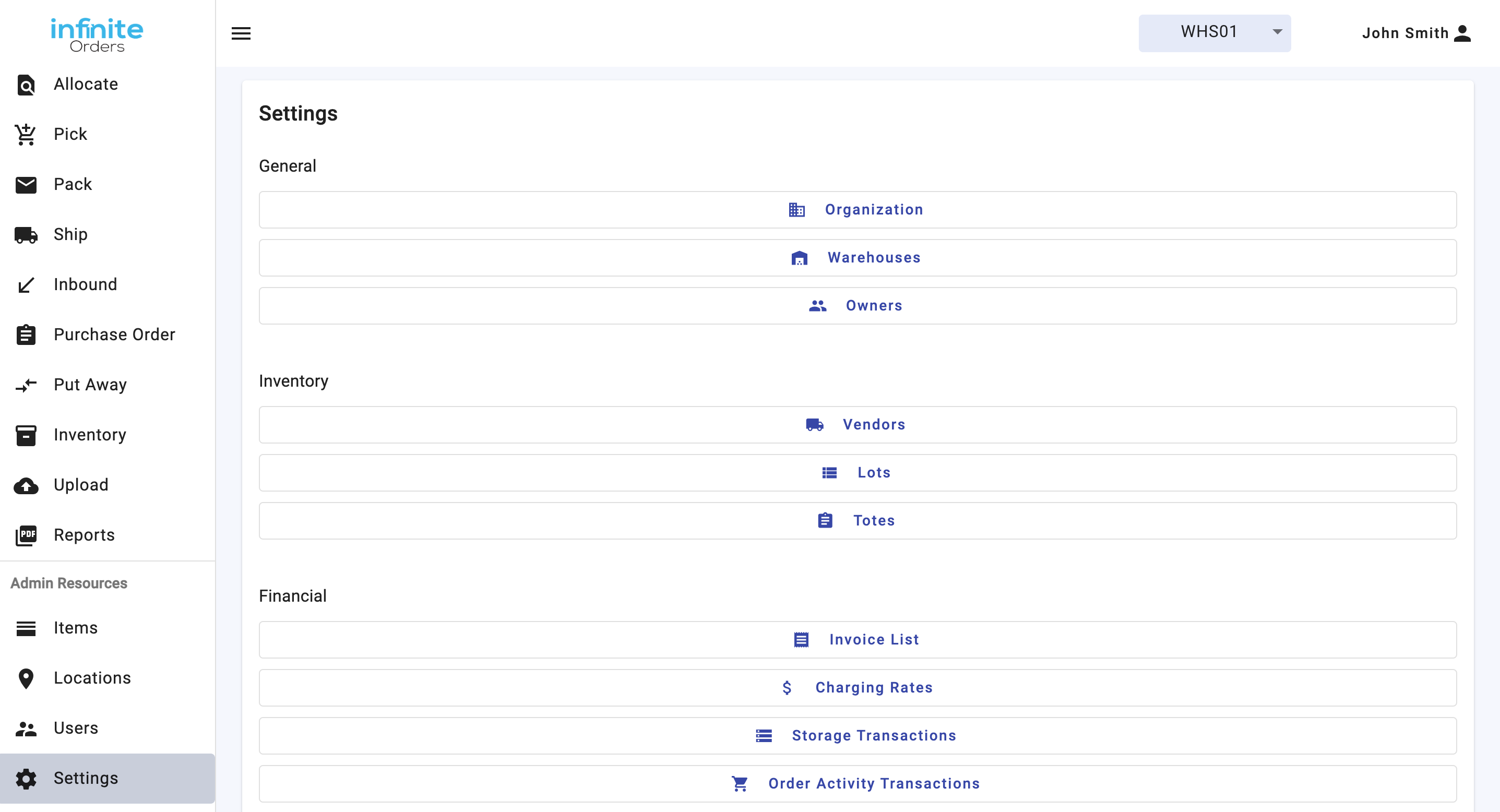 screenshot of InfiniteOrders WMS